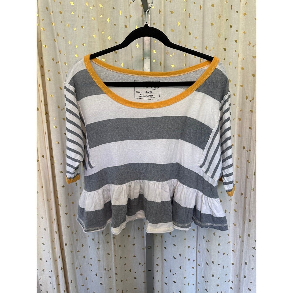 We The Free 100% Cotton Grey White Stripes Contrasting Yellow Trim Peplum Top M